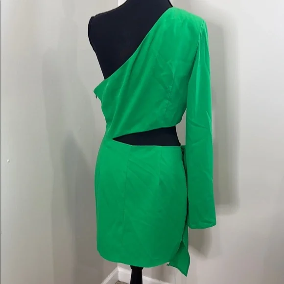 Green Asymmetrical One-Shoulder Bodycon Dress with waist tie and cut outs size L - Picture 10 of 11